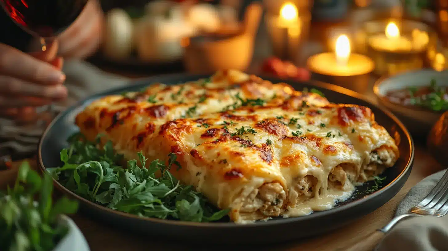 Couple enjoying chicken alfredo lasagna rolls at romantic dinner