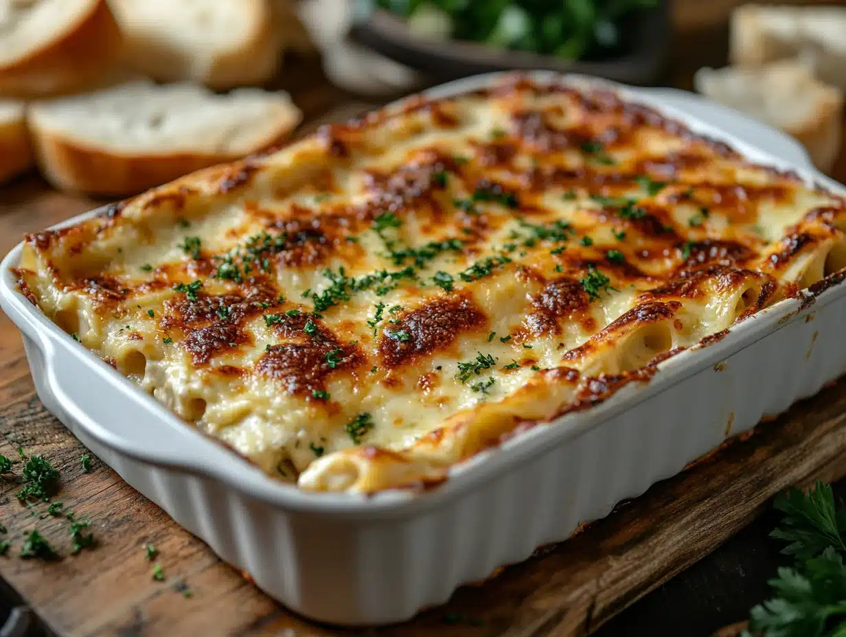 Golden bubbly chicken alfredo lasagna rolls in baking dish