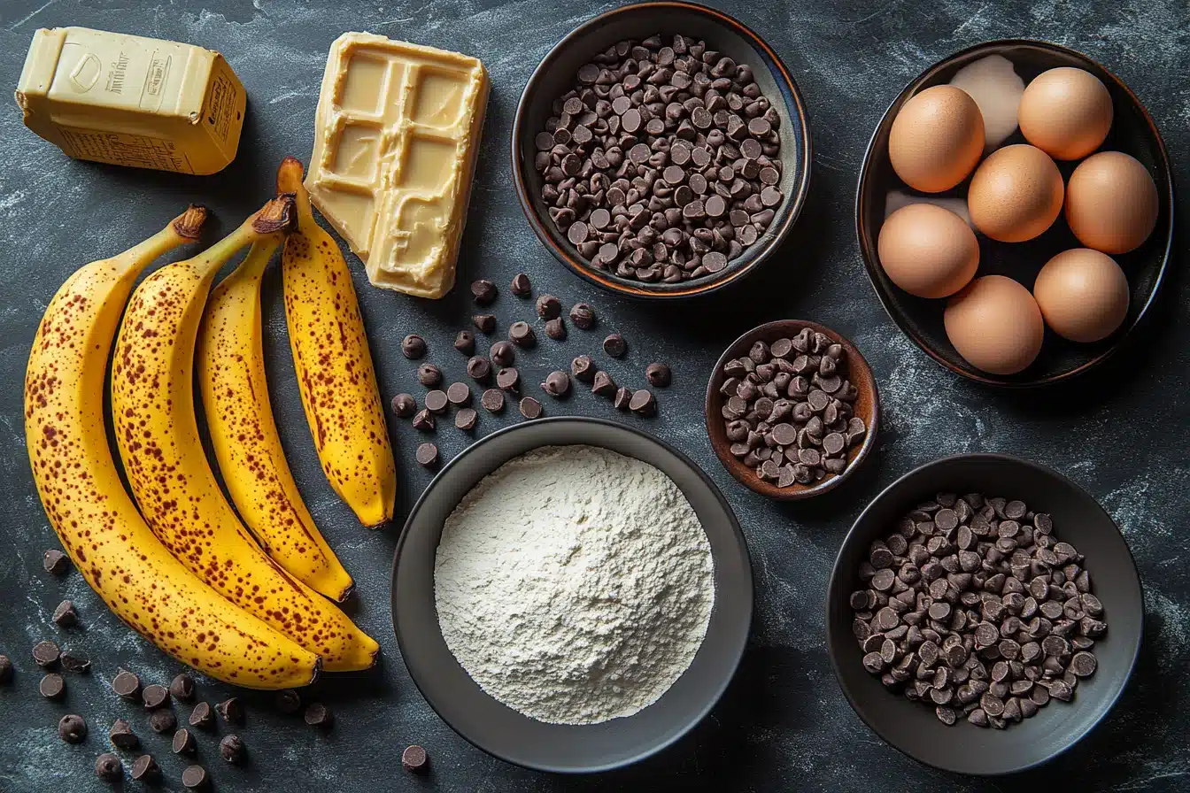 Ingredients for chocolate banana cake laid out on counter
