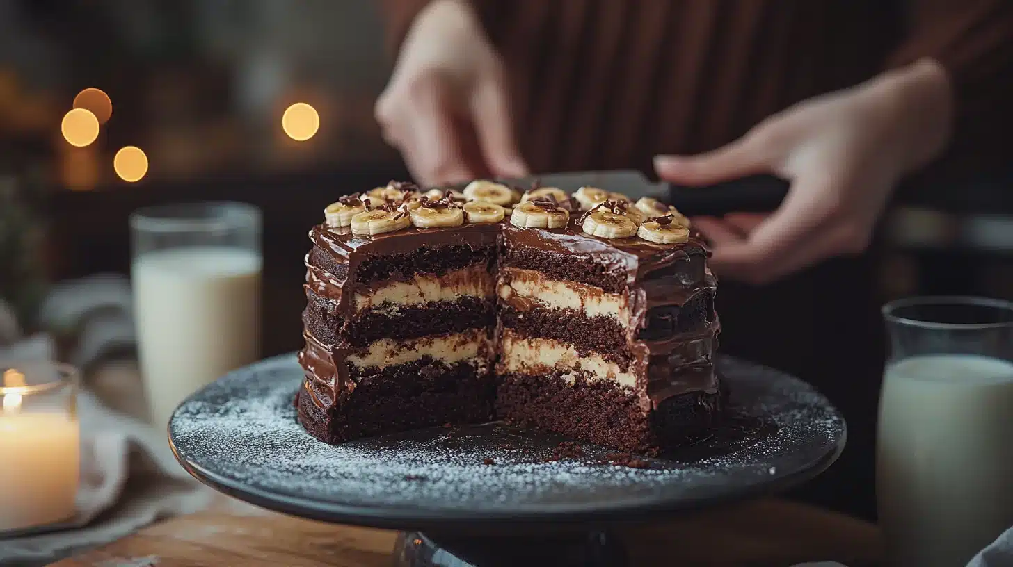 Chocolate banana cake on table with coffee and bananas