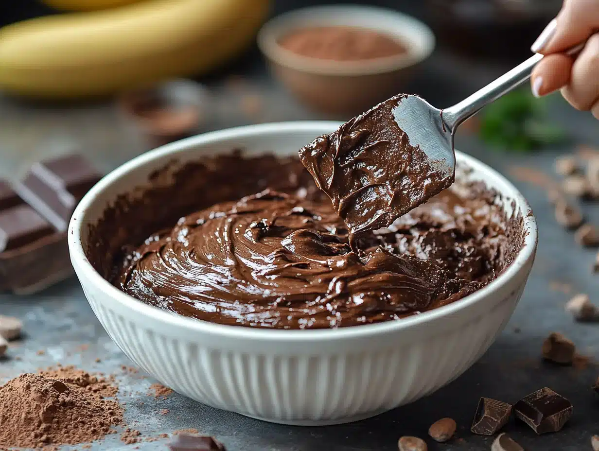 Mixing chocolate banana cake batter in bowl