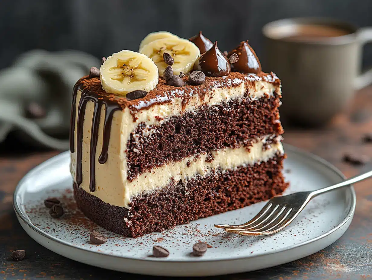 Sliced chocolate banana cake served on plates