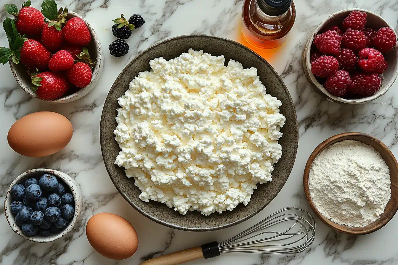 Cottage Cheese Pancakes — 3-Ingredient Breakfast 3 Cottage cheese pancake ingredients flat lay — cottage cheese, eggs, flour, vanilla