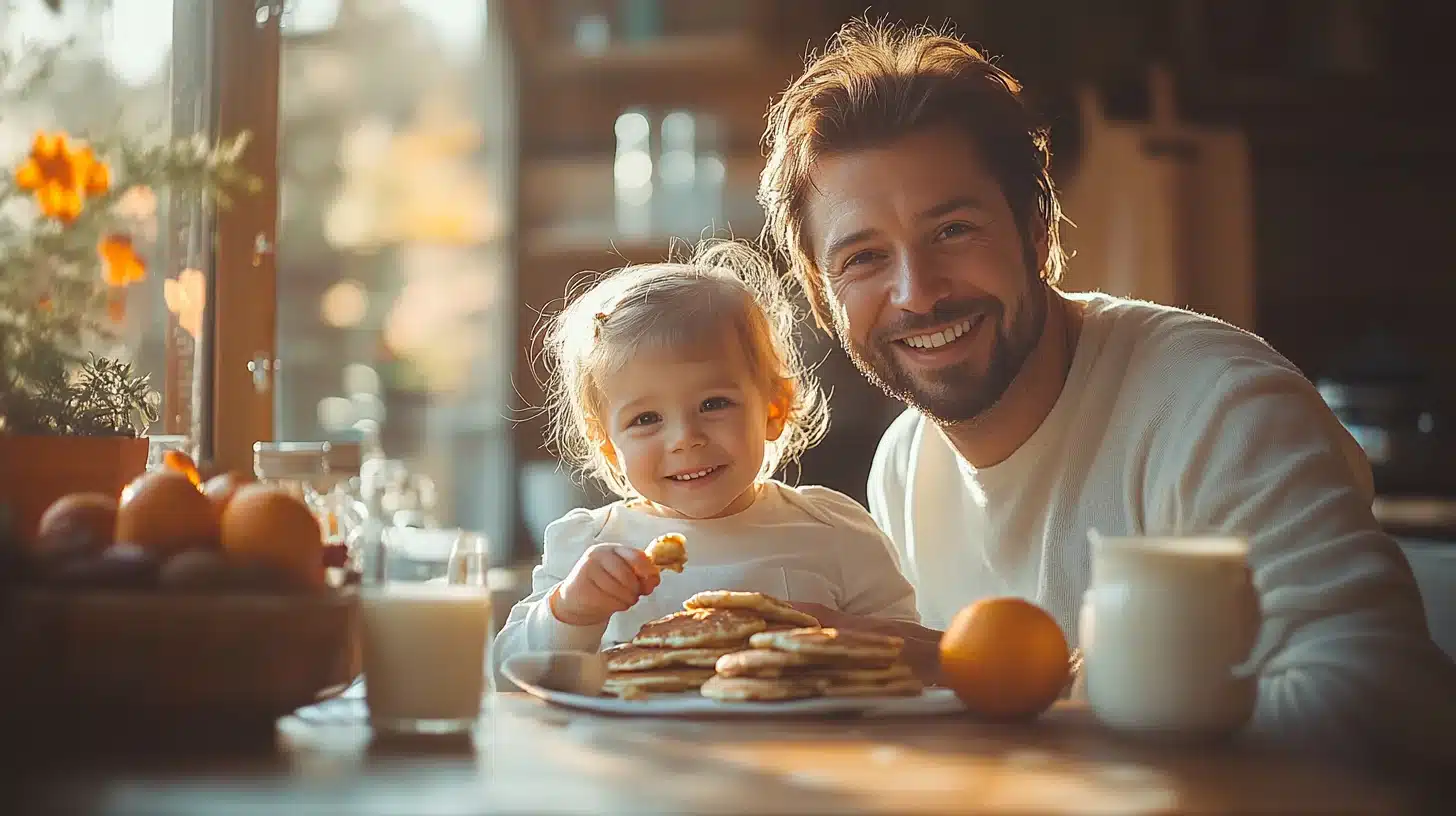 Cottage Cheese Pancakes — 3-Ingredient Breakfast 7 Family enjoying cottage cheese pancakes at a sunny breakfast table