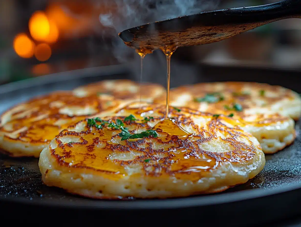 Cottage Cheese Pancakes — 3-Ingredient Breakfast 4 Cottage cheese pancakes cooking on a griddle showing golden brown bottoms