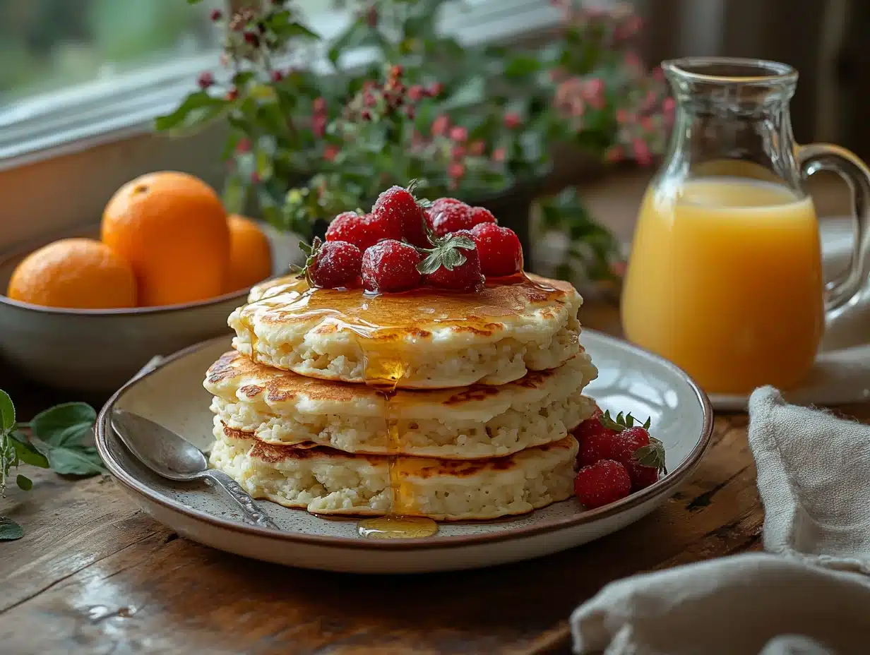 Cottage Cheese Pancakes — 3-Ingredient Breakfast 6 Brunch spread with cottage cheese pancakes, fruit, coffee, and maple syrup