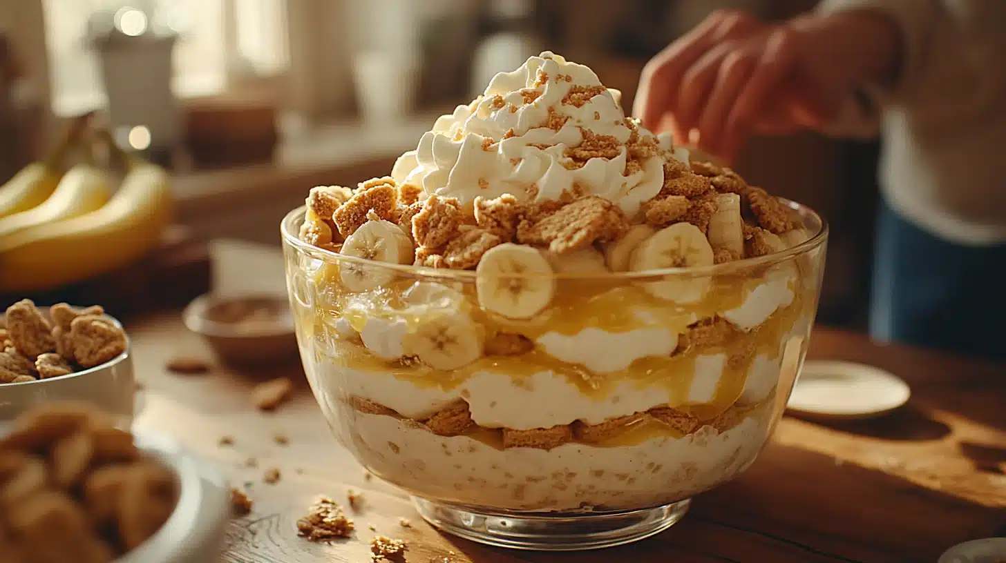 Family enjoying banana pudding together at a warm kitchen table
