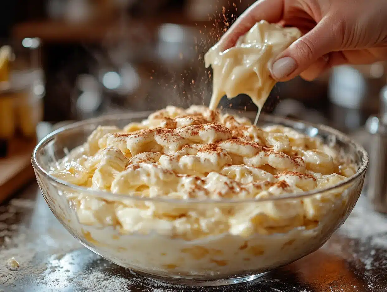 Step-by-step preparation of banana pudding showing blending cottage cheese and layering process