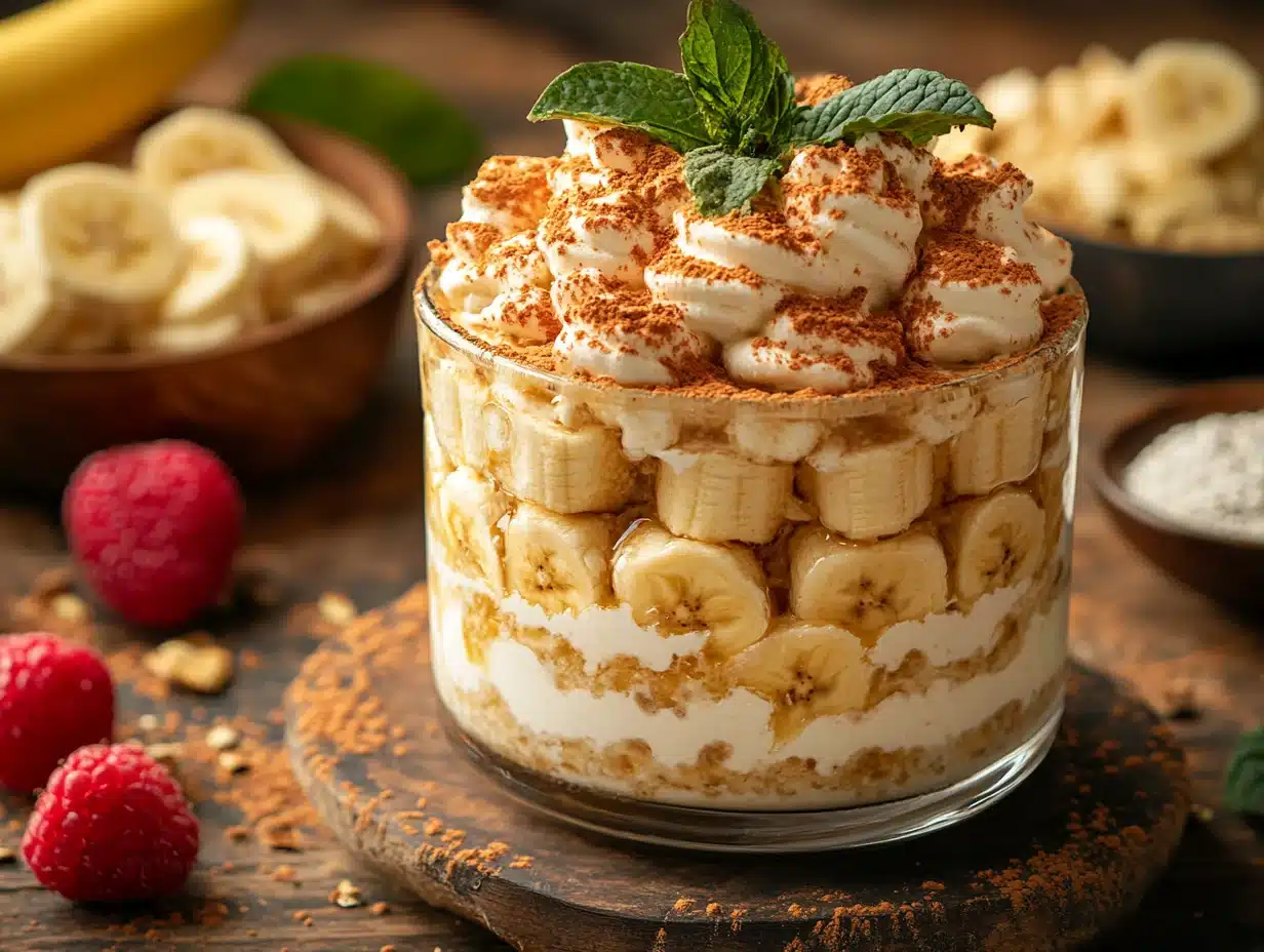 Beautiful serving of banana pudding in individual glasses topped with whipped cream and vanilla wafer crumbles