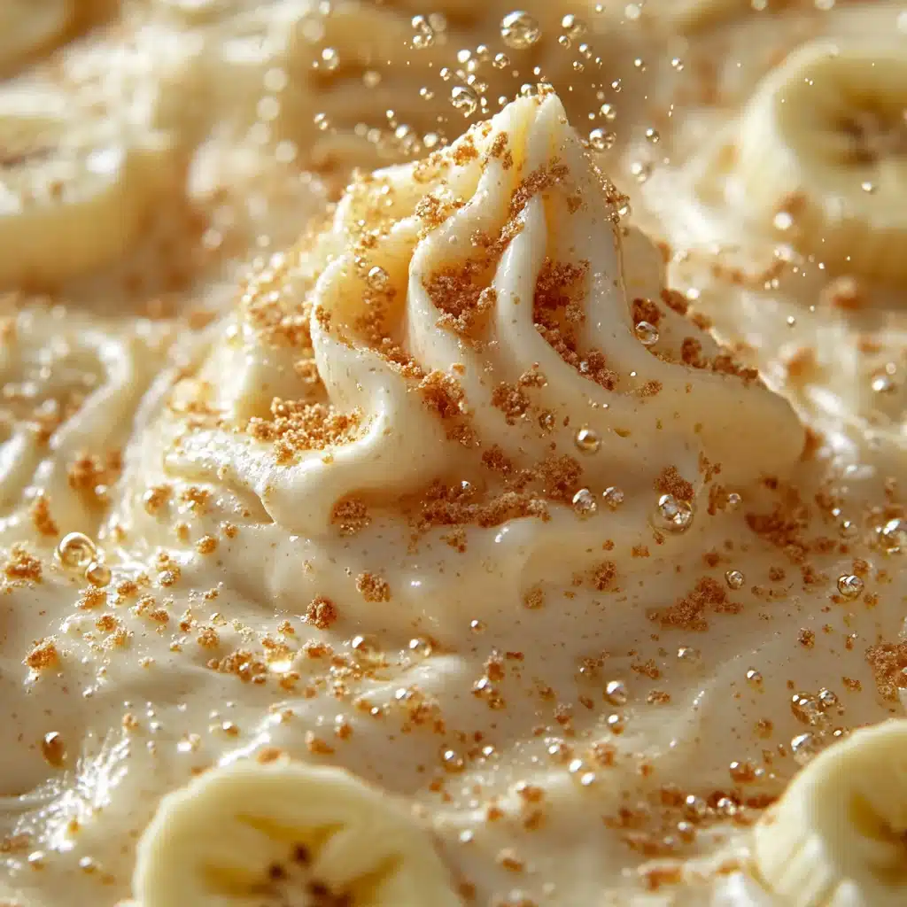 Close-up texture of creamy banana pudding showing smooth protein-rich layers and vanilla wafer edges
