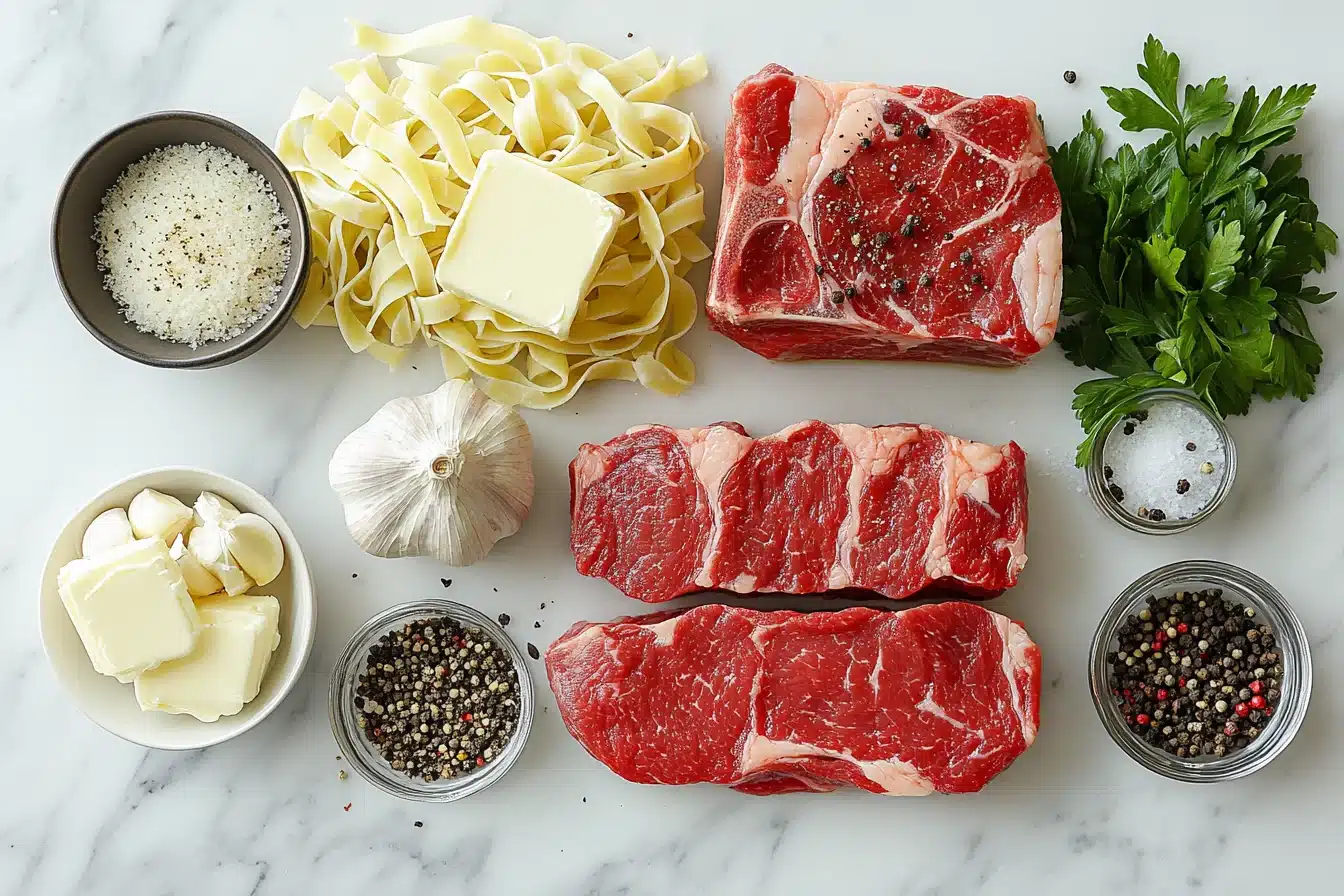 Steak pasta ingredients with ribeye butter garlic and Parmesan on marble