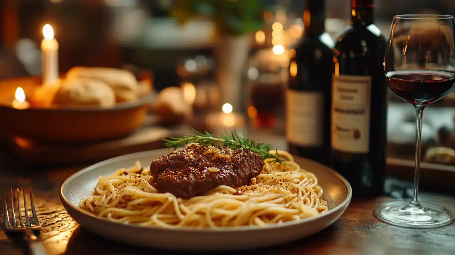 Romantic dinner scene with creamy steak pasta being served