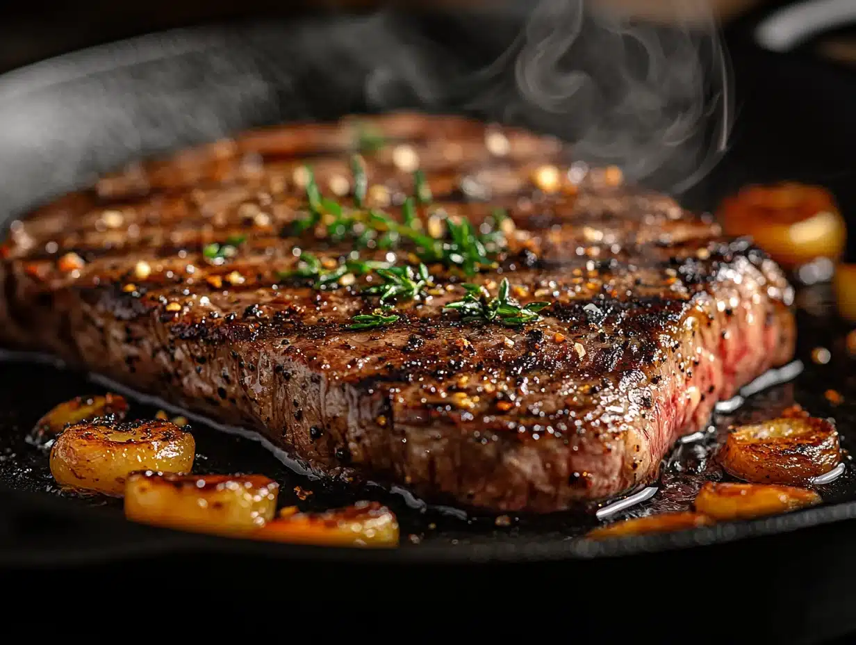 Ribeye steak searing with dark crust in cast iron skillet