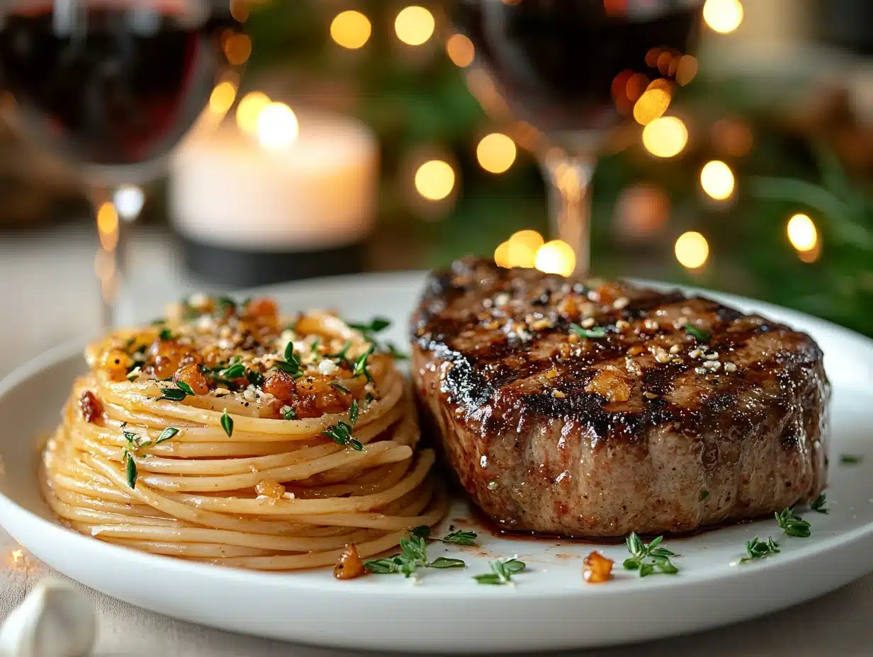 Date night dinner with garlic butter steak pasta and wine