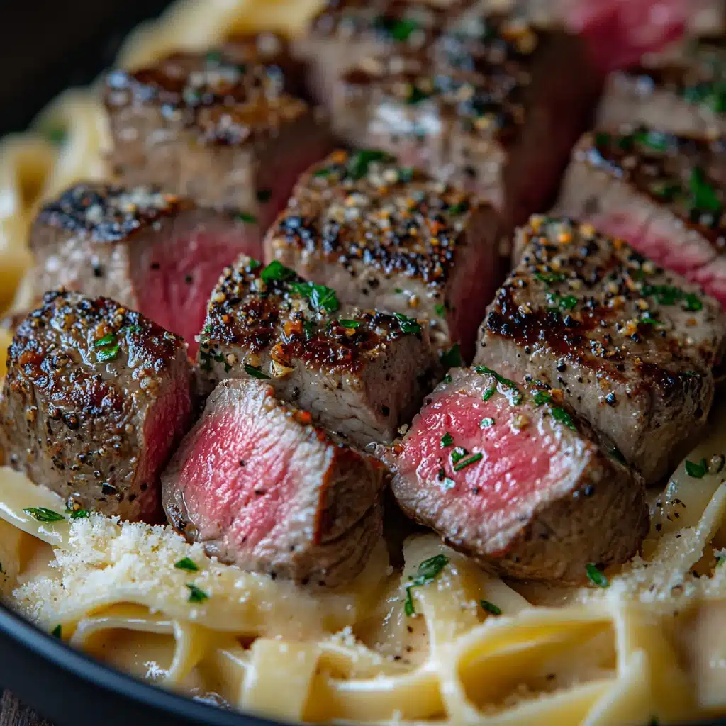 Close-up of sliced steak over cream-coated fettuccine pasta