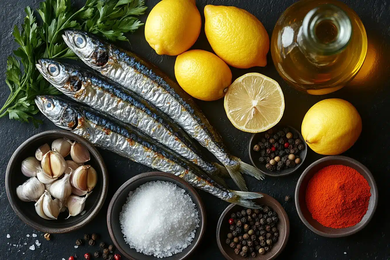 Crispy Spanish Fried Sardines: Authentic Boquerones Fritos Recipe (Tested & Perfected) 3 Fresh sardines and ingredients for Spanish fried sardines laid out on dark surface