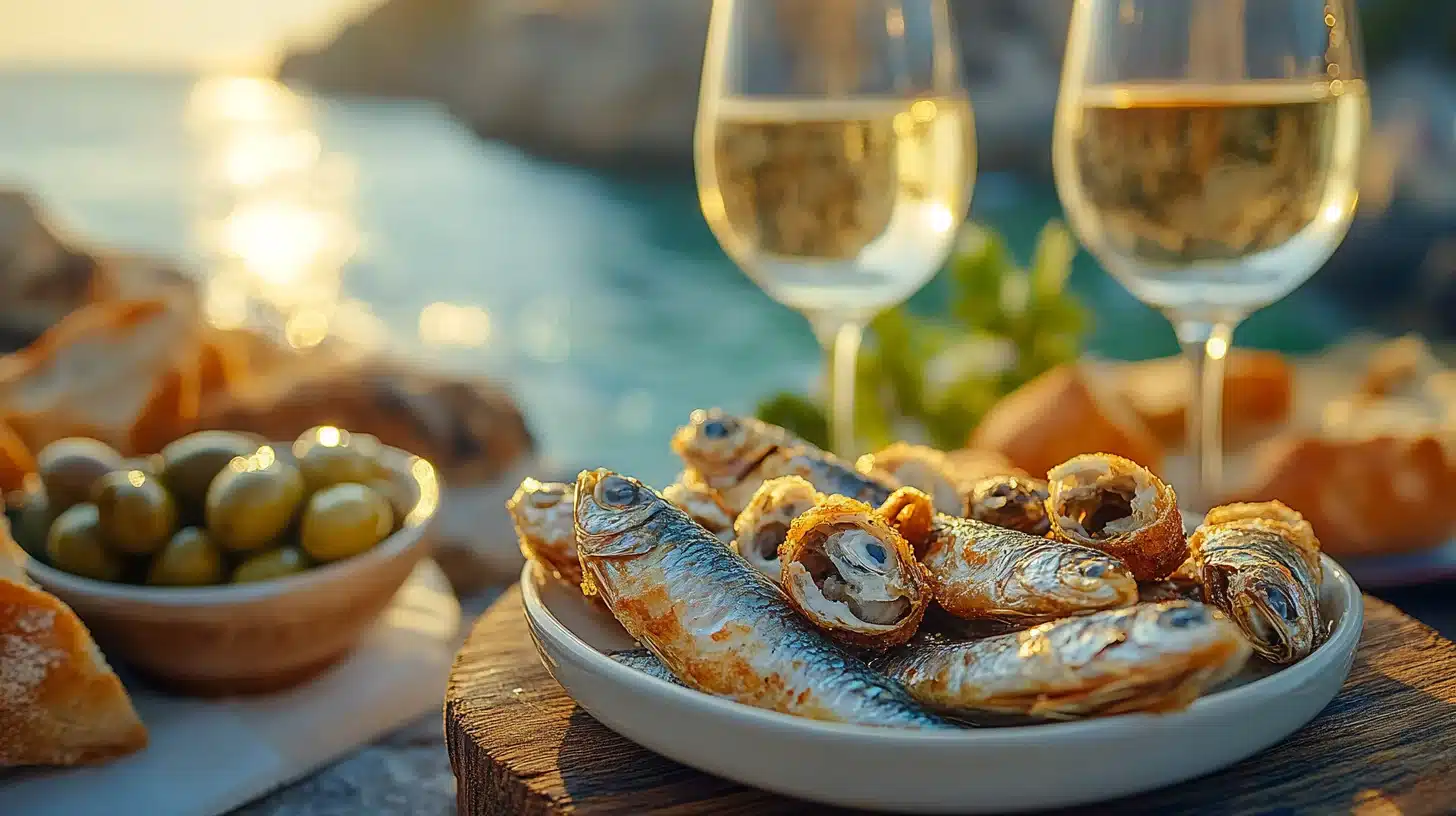 Crispy Spanish Fried Sardines: Authentic Boquerones Fritos Recipe (Tested & Perfected) 7 Spanish tapas spread with fried sardines wine and bread on rustic table