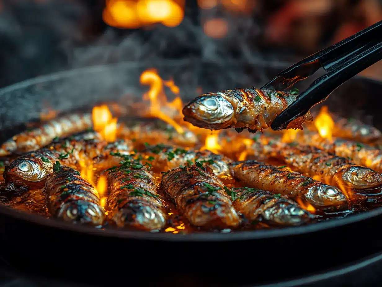Crispy Spanish Fried Sardines: Authentic Boquerones Fritos Recipe (Tested & Perfected) 4 Sardines being fried in hot olive oil in a traditional Spanish pan