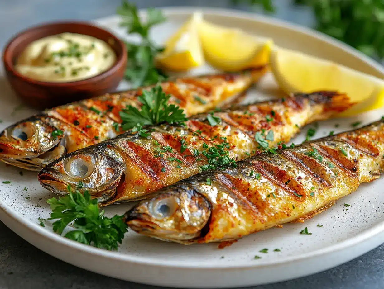 Crispy Spanish Fried Sardines: Authentic Boquerones Fritos Recipe (Tested & Perfected) 6 Plated crispy Spanish fried sardines with lemon wedges and aioli dip