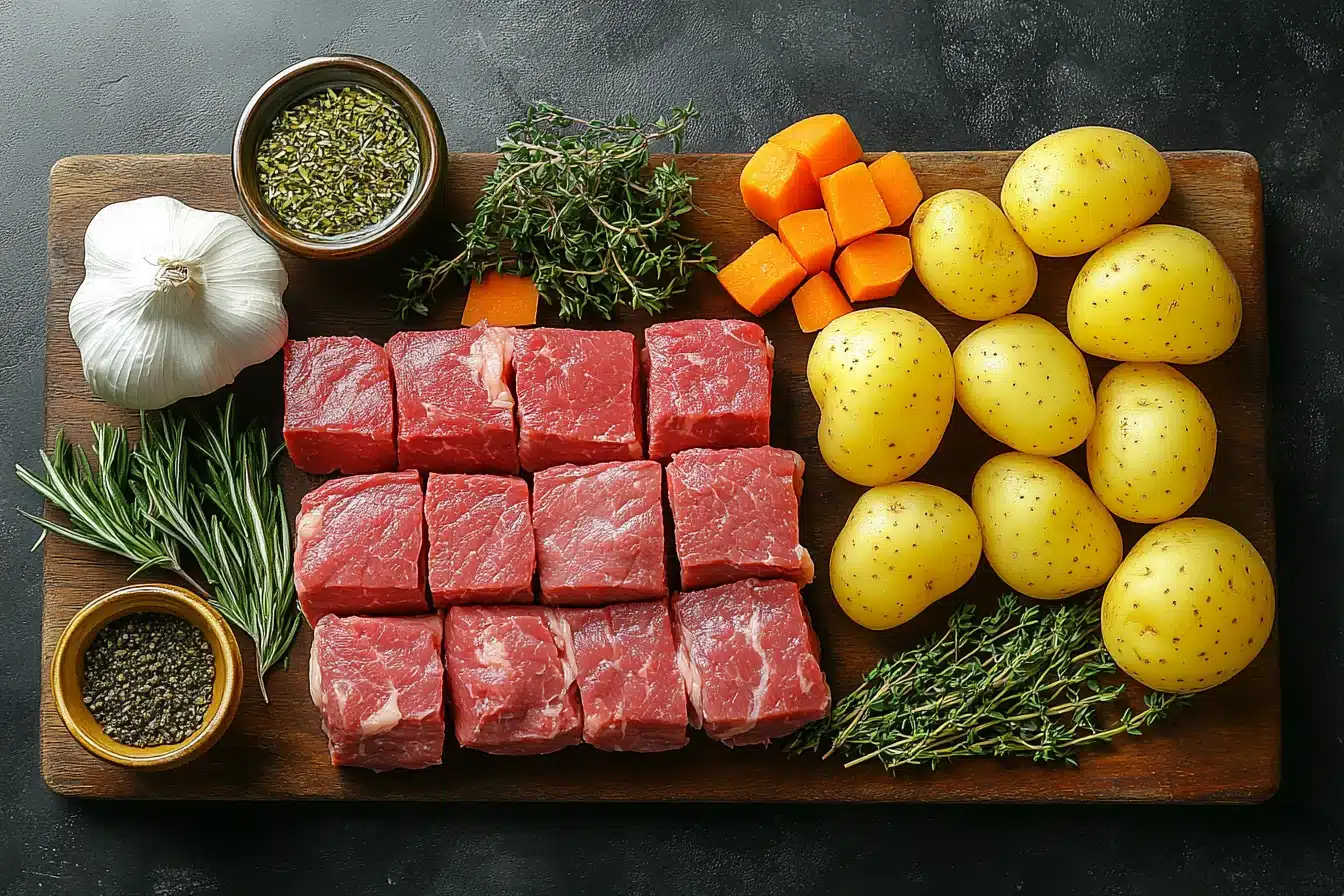 Pot roast ingredients including chuck roast, potatoes, and fresh herbs