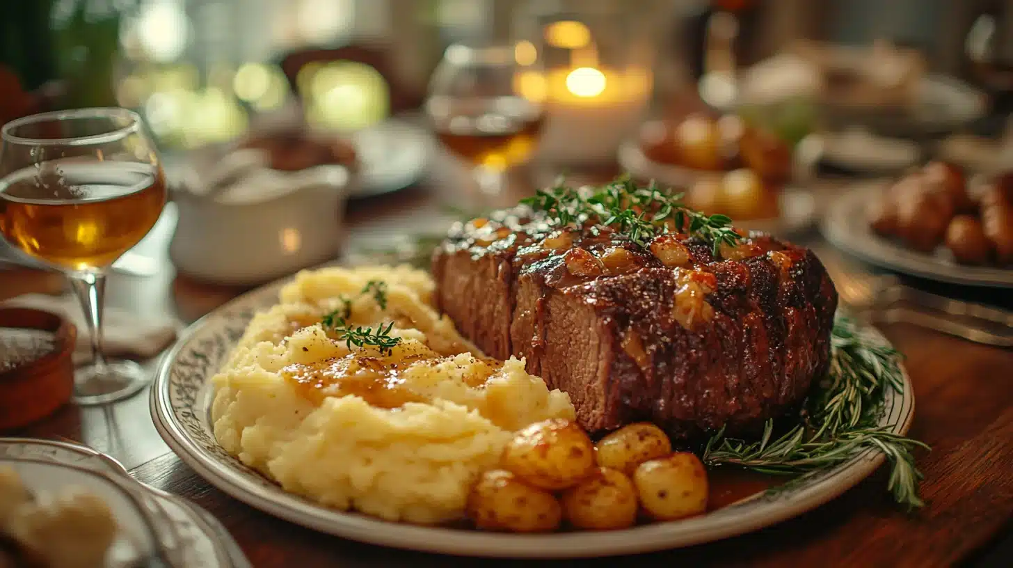 Family Sunday dinner with pot roast, mashed potatoes, and gravy