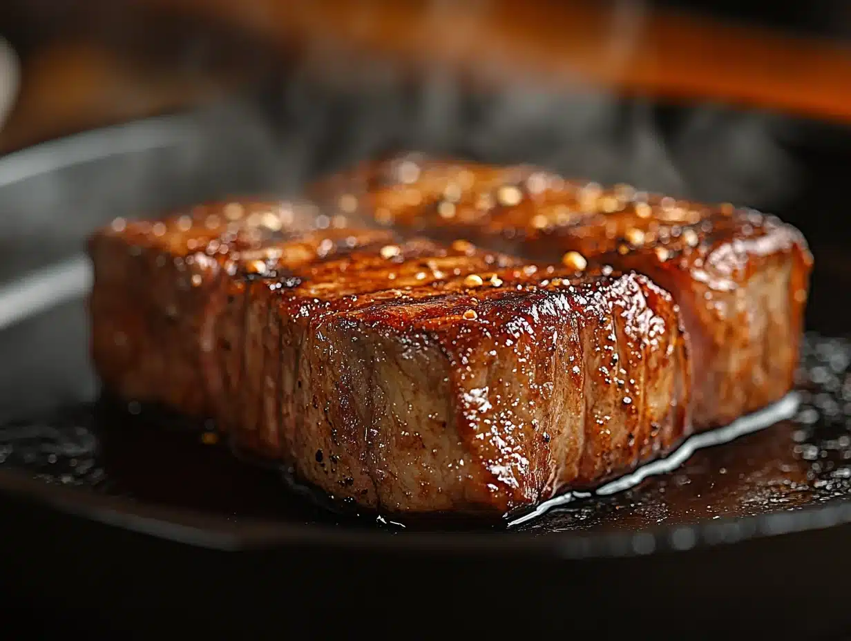 Searing chuck roast in cast iron skillet with deep brown crust