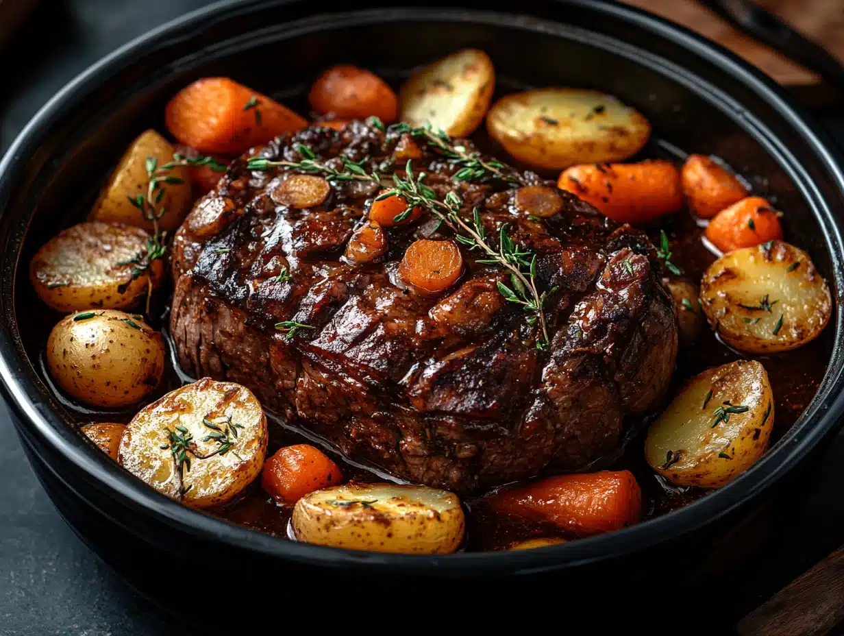 Finished pot roast in slow cooker with tender potatoes and carrots