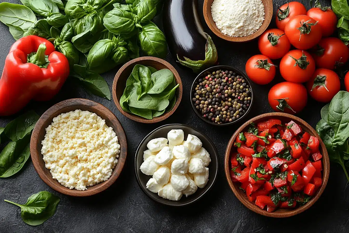 Fresh ingredients for vegetable lasagna arranged in a flat lay