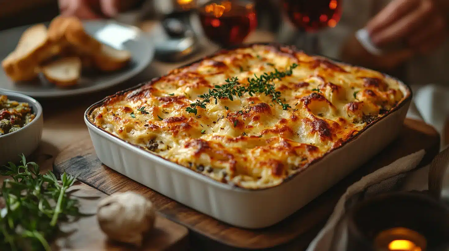 Family enjoying vegetable lasagna together at dinner