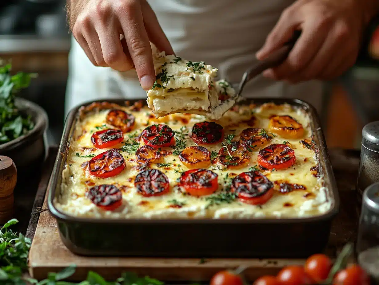 Delicious Vegetable Lasagna — Layers of Roasted Vegetables & Three Cheeses 4 Step-by-step vegetable lasagna layering process