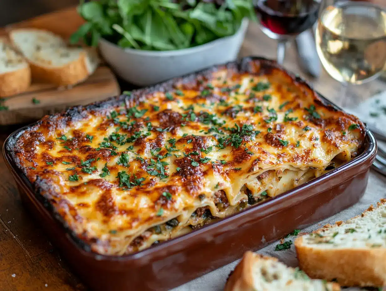 Vegetable lasagna served with garlic bread and salad on a dinner table