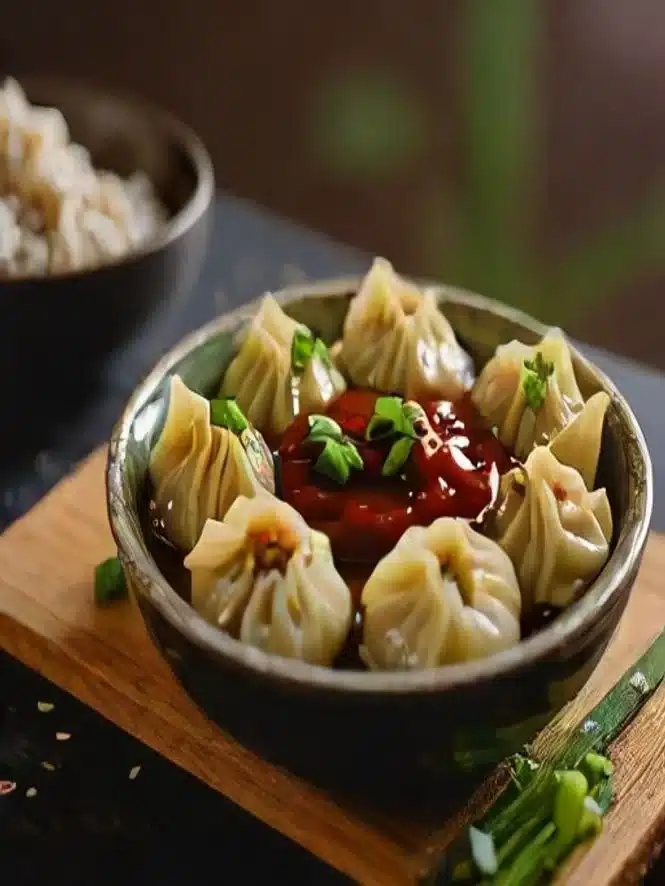 Homemade dumpling dipping sauce in a ceramic bowl with sesame seeds and scallions, surrounded by steamed dumplings