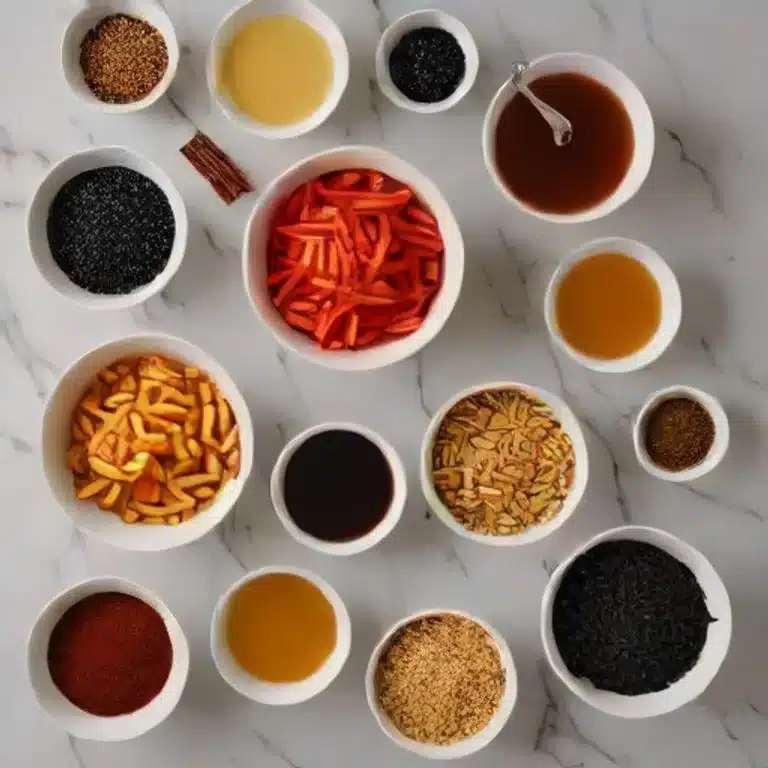 Dumpling Dipping Sauce 3 Mise en place of dumpling dipping sauce ingredients: soy sauce, rice vinegar, sesame oil, chili flakes, ginger, garlic, and sesame seeds