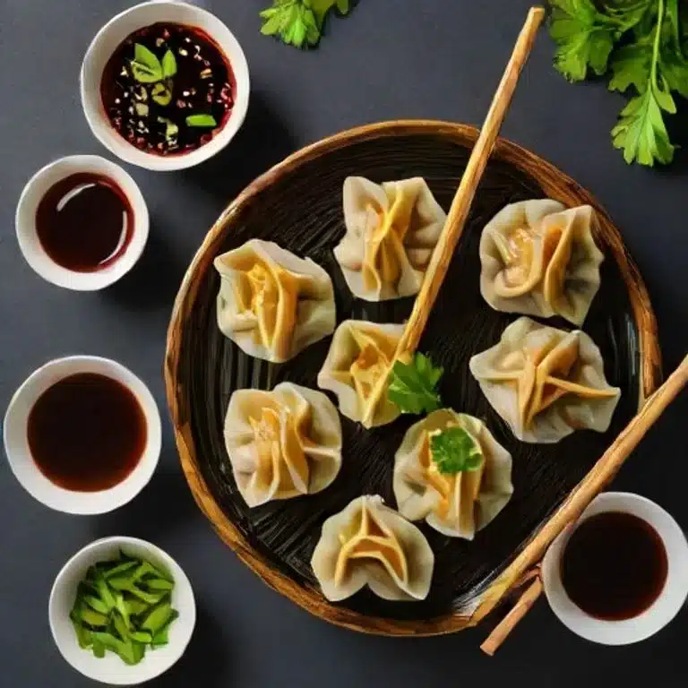 Dumpling Dipping Sauce 7 Complete Asian dumpling appetizer spread with three dipping sauces, steamed dumplings, and garnishes