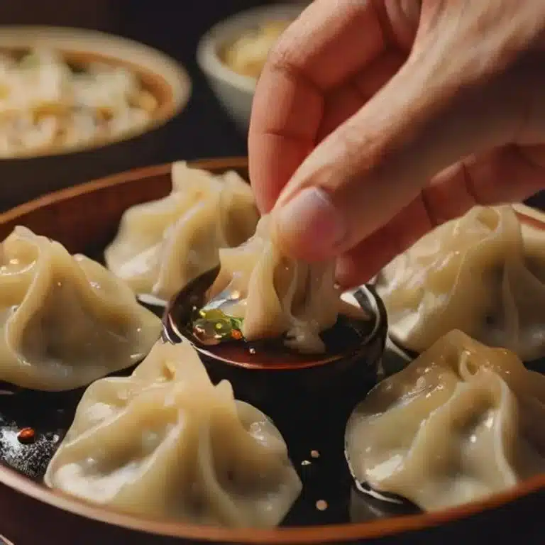 Dumpling Dipping Sauce 6 Dipping a steamed dumpling into homemade soy-sesame dipping sauce with chopsticks