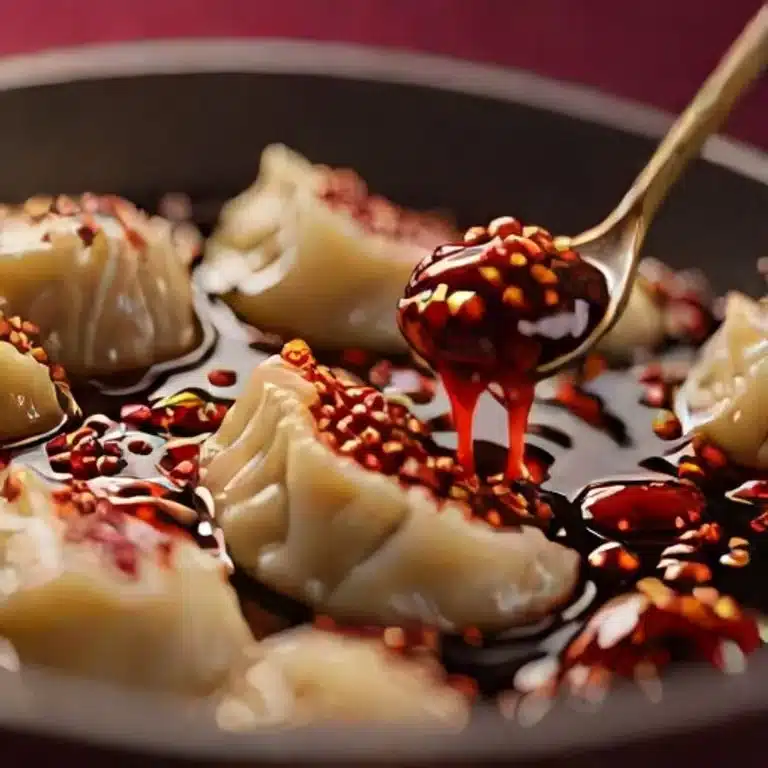 Dumpling Dipping Sauce 5 Close-up macro shot of glossy dumpling dipping sauce showing chili oil swirls and floating sesame seeds