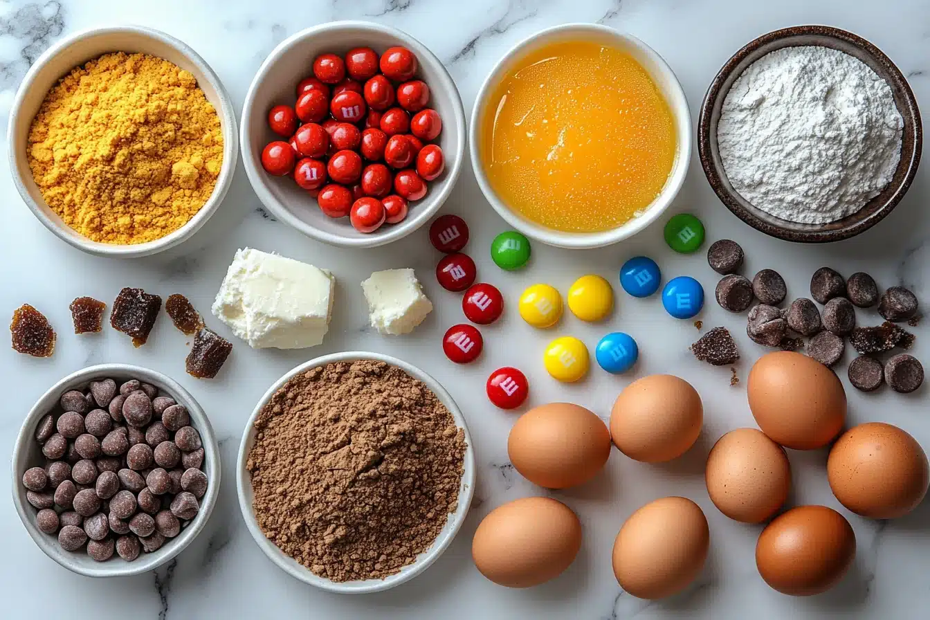 Cookie baking ingredients with M&M candies on marble surface