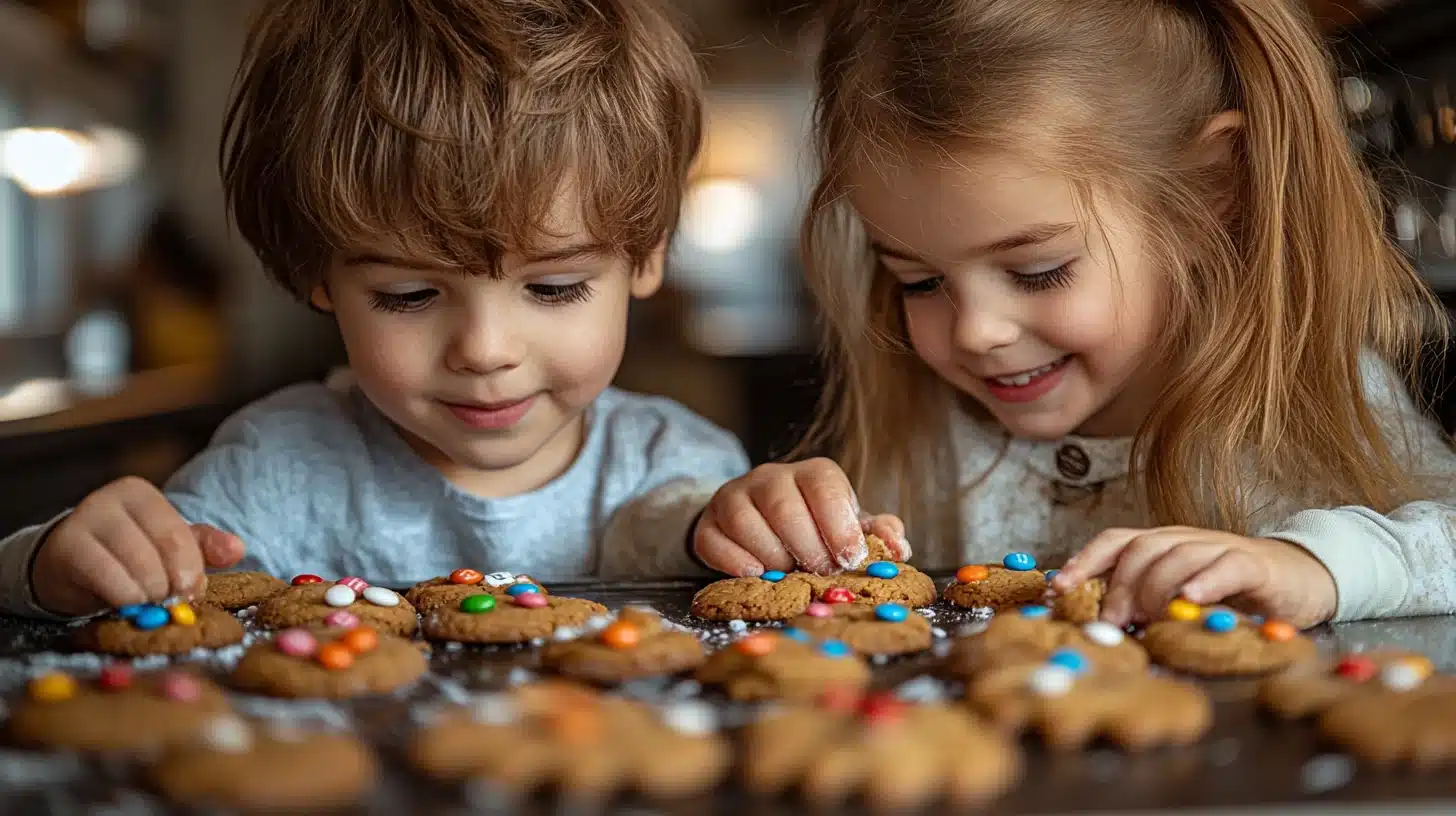 Kids happily baking and decorating M&M cookies