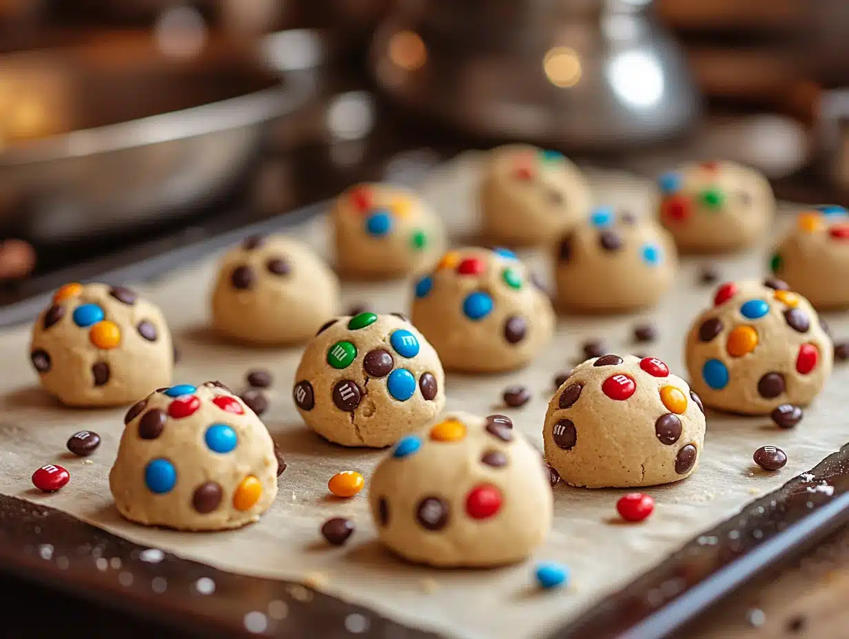 Cookie dough balls with M&M's on baking sheet ready for oven