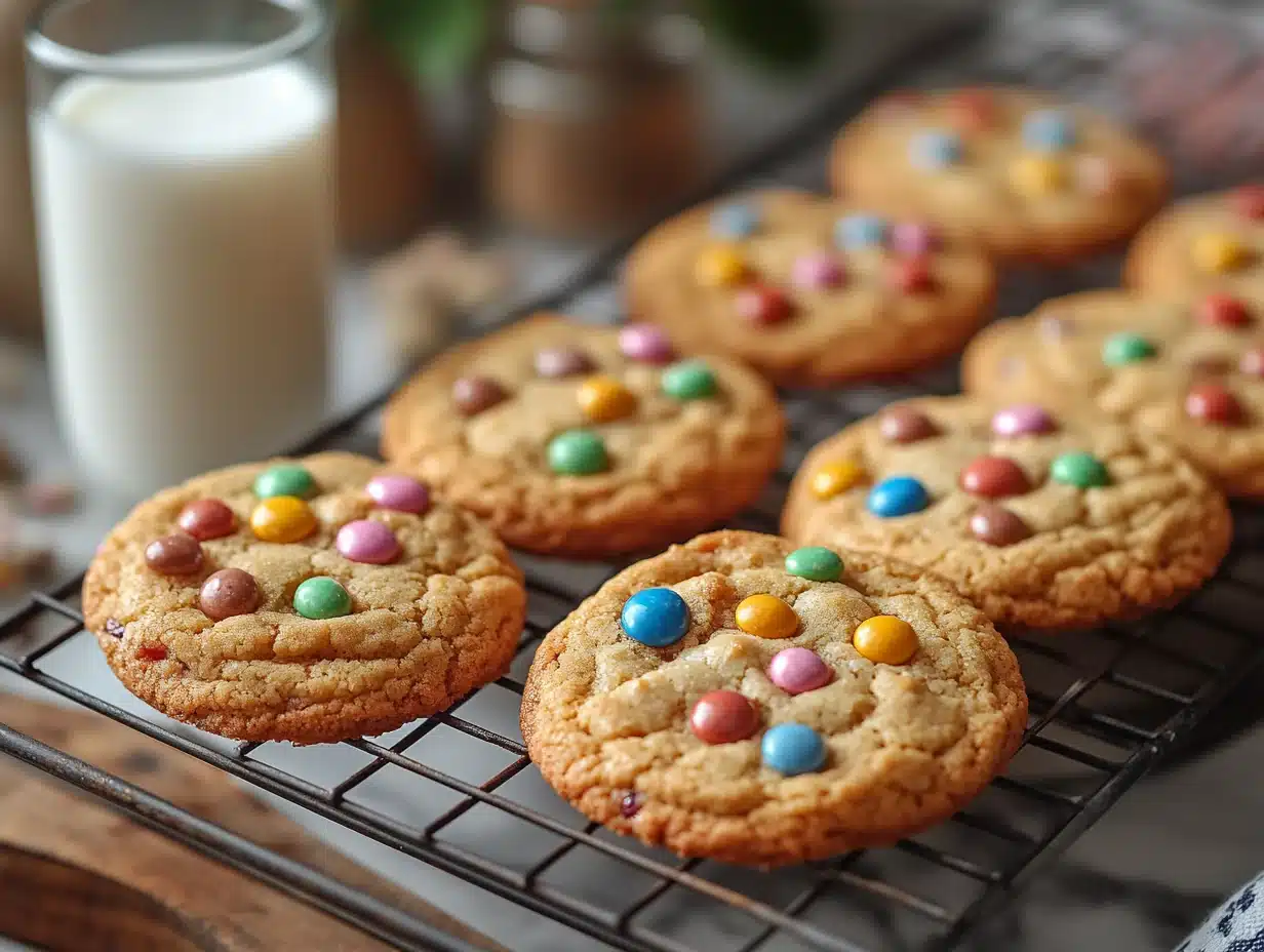Cooling rack of fresh-baked M&M cookies with glass of milk
