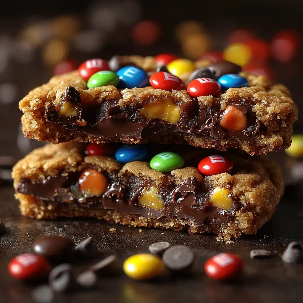 Close-up of soft M&M cookie broken in half showing gooey center