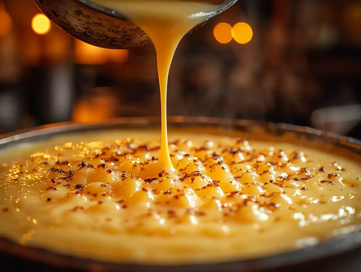 Thick custard being poured into baking dish for setting