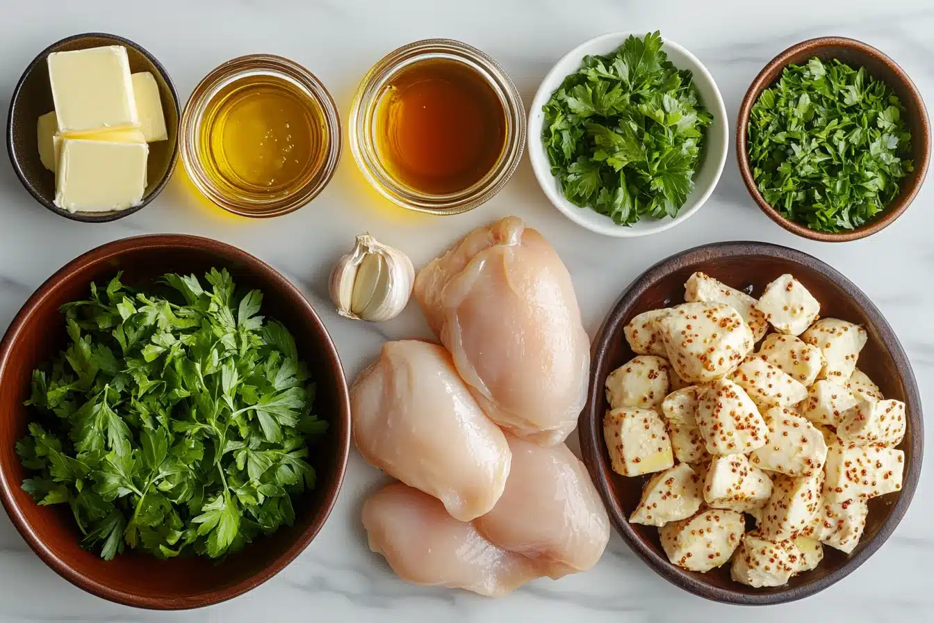 Honey garlic chicken ingredients arranged on marble countertop