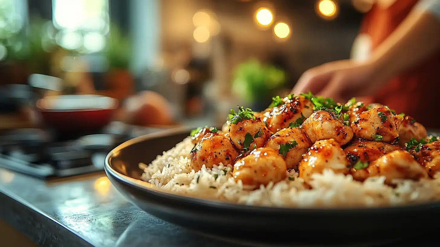 Family weeknight dinner with honey garlic chicken and rice