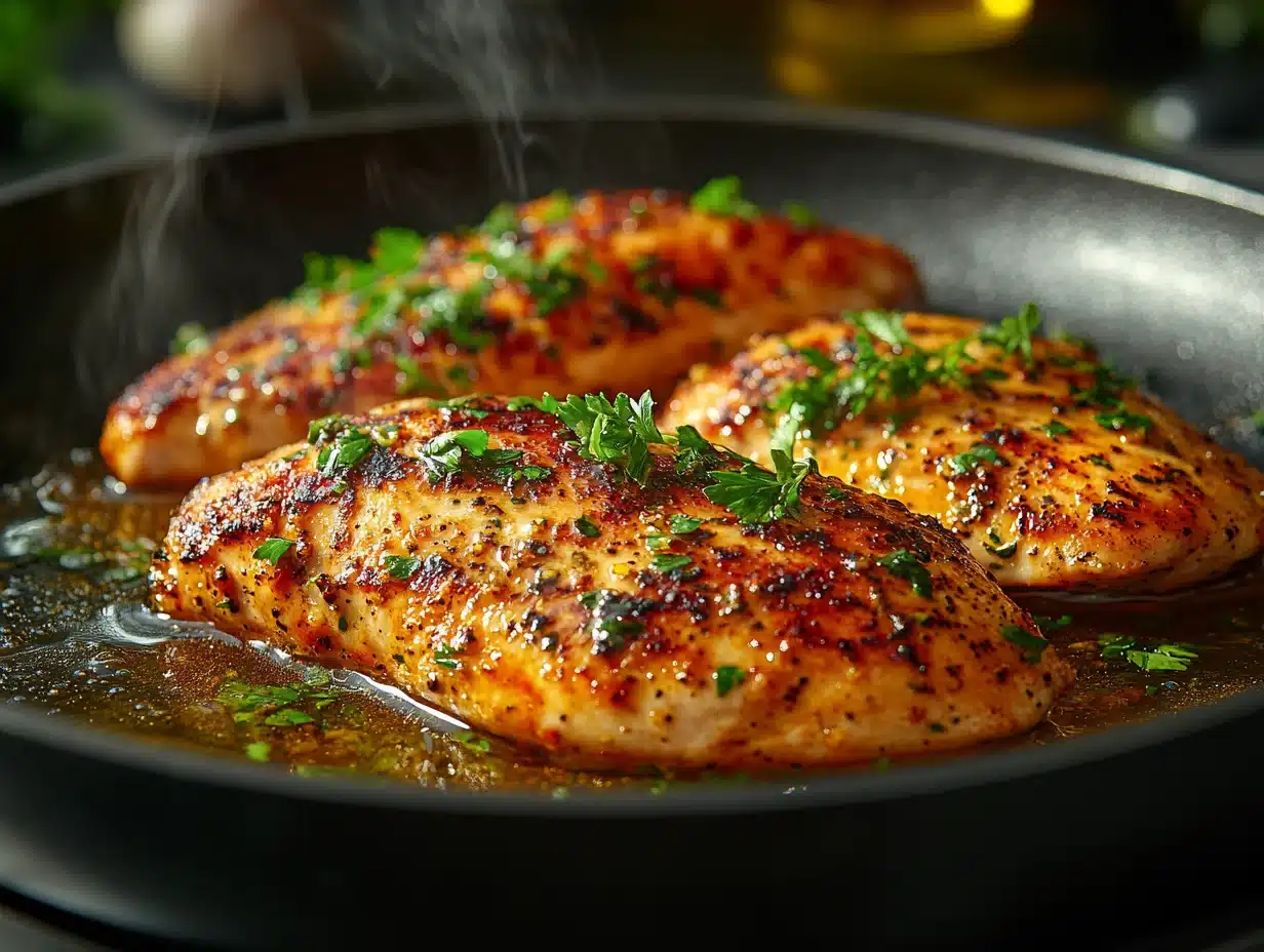 Chicken breast searing in skillet with golden brown crust