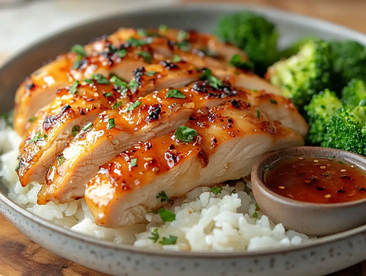 Honey garlic chicken dinner with steamed rice and broccoli