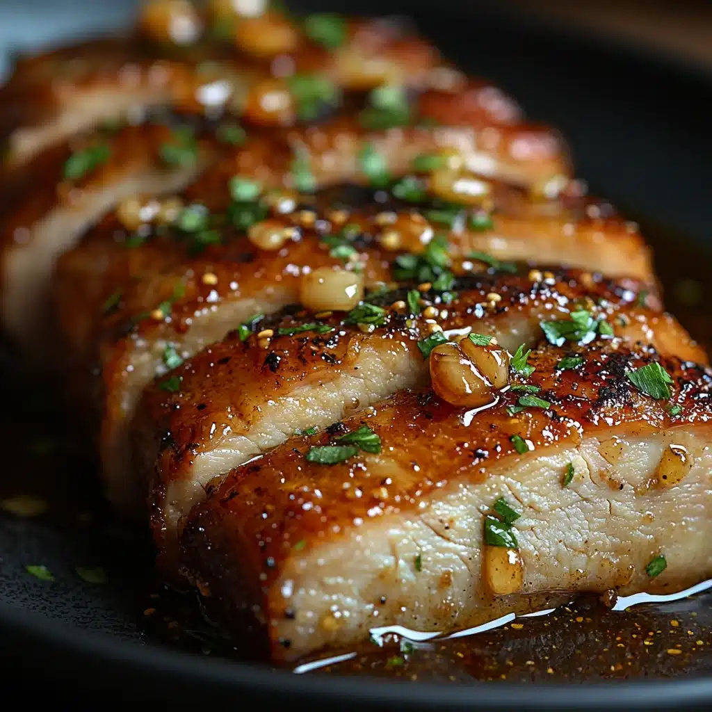 Close-up of sliced honey garlic chicken showing juicy interior and glaze