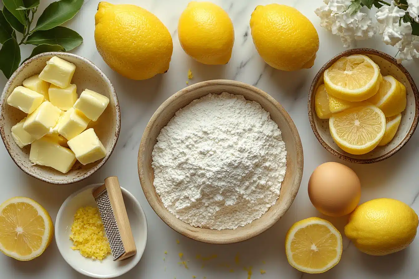 Lemon bar ingredients with fresh lemons, butter, and flour on marble