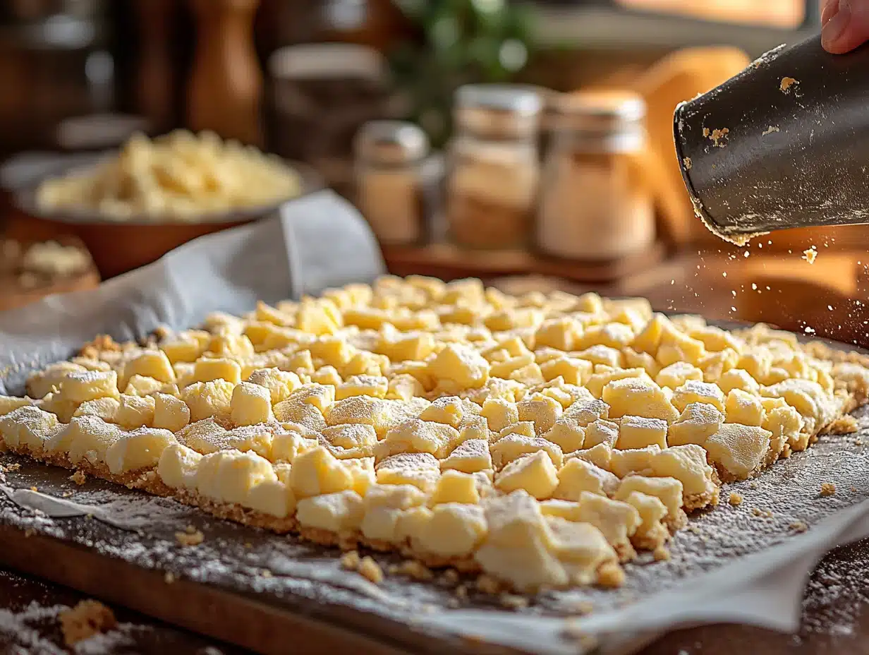 Pressing shortbread crust into parchment-lined baking pan