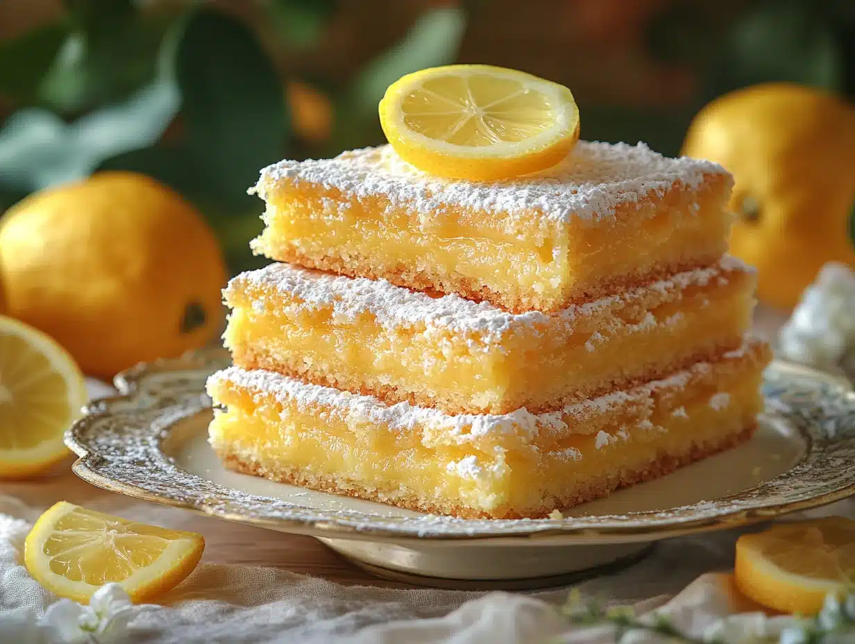 Platter of lemon bars on vintage stand with lemon garnish